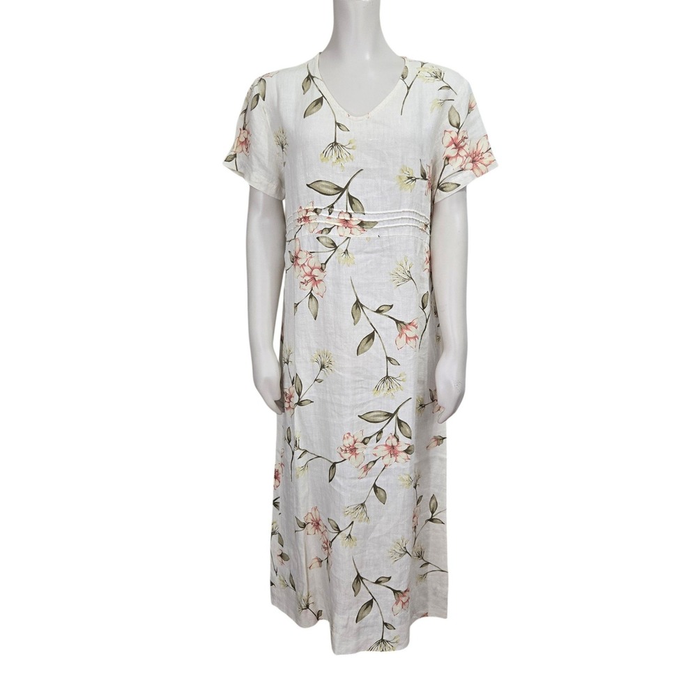 Vtg Hot Cotton by Marc Ware Midi Dress 100% Linen Womens S Floral Cottagecore